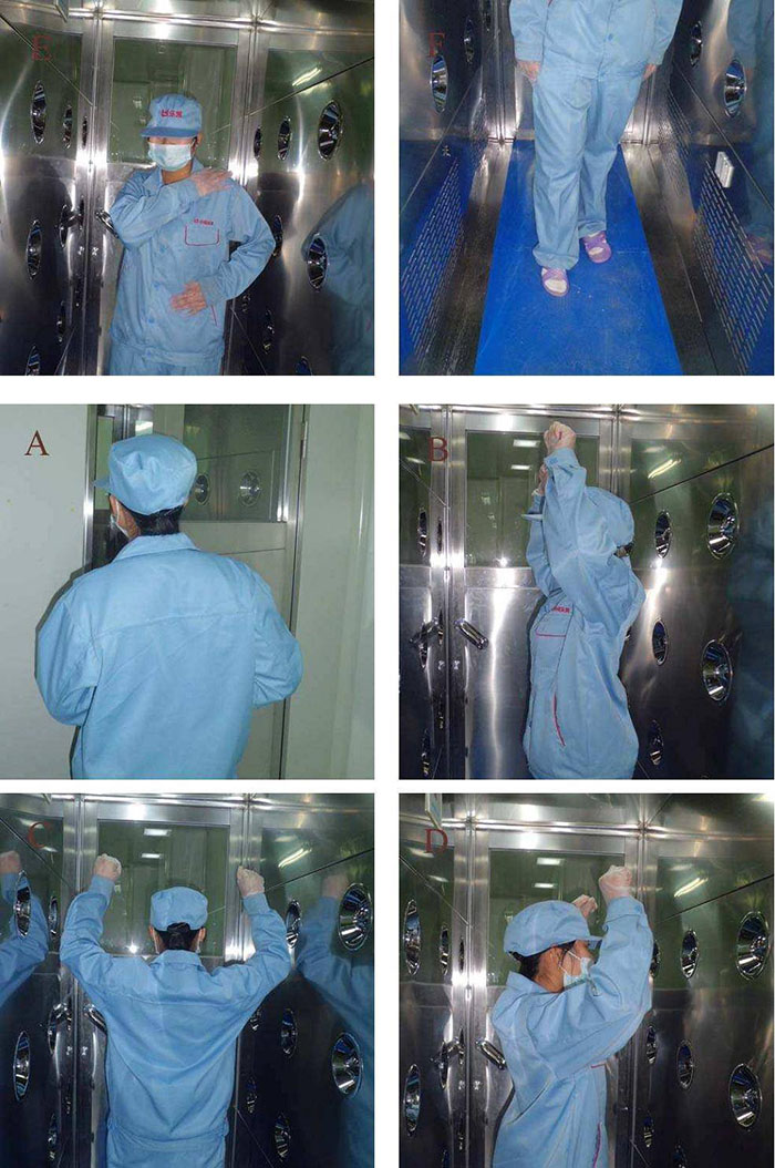 進(jìn)入風(fēng)淋室前無(wú)塵服應(yīng)穿著得當(dāng),袖口和領(lǐng)口需拉緊,避免衣物內(nèi)外的塵埃進(jìn)入。 進(jìn)入風(fēng)淋室前無(wú)塵服應(yīng)穿著得當(dāng),袖口和領(lǐng)口需拉緊,避免衣物內(nèi)外的塵埃進(jìn)入。